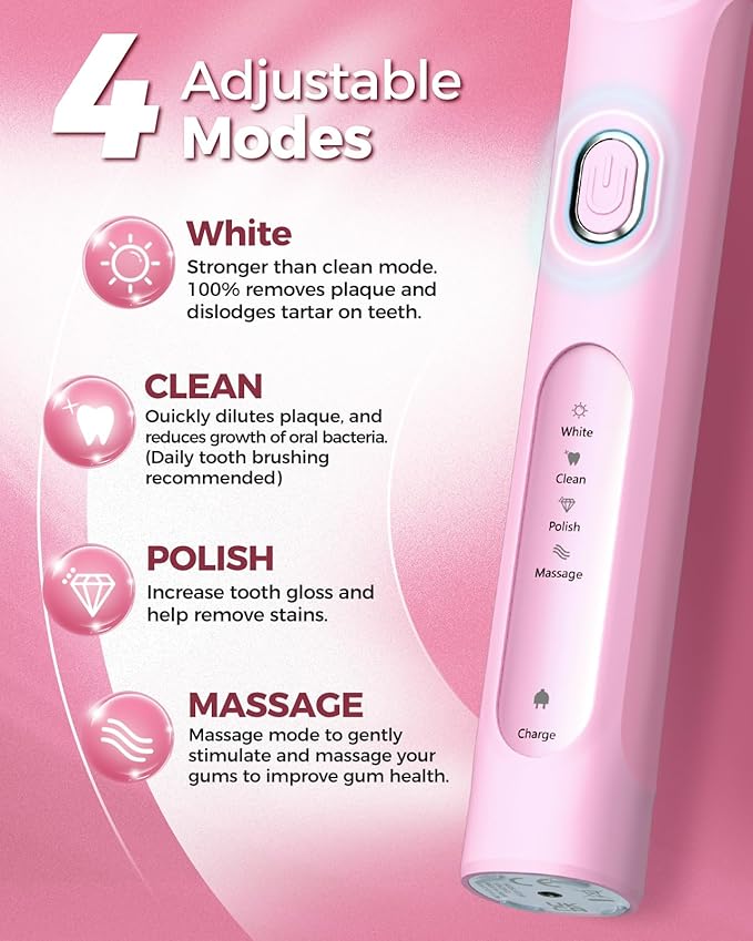 TEETHEORY Rotating Electric Toothbrush for Adults with 8 Brush Heads (2 Types), 4 Modes Deep Clean Electric Toothbrush with Rechargeable Power and 2 Min Smart Timer (2- Cherryblompink, p1)