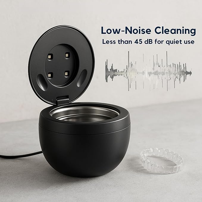 45KHz Ultrasonic Retainer Cleaner Machine, 230ML UV Cleaner for Retainer, Denture, Mouth Guard, Aligner, Braces, Toothbrush & Jewelry | 3 Digital Timer Modes | Black