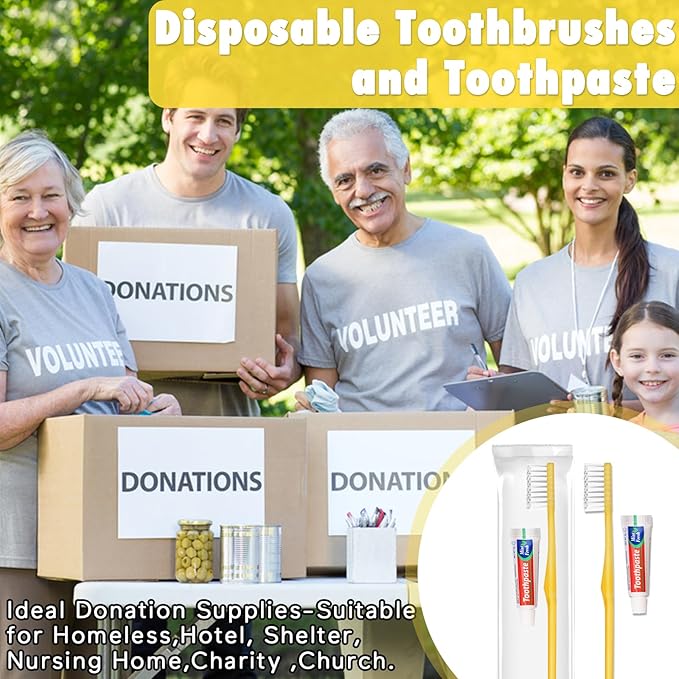 HOFASON Disposable Toothbrushes with Toothpaste Pack of 50, Yellow Hollow Travel Toothbrush Set with 5g Bulk Toothpaste Individually Wrapped for Homeless, Nursing Home, Shelter, Hotel