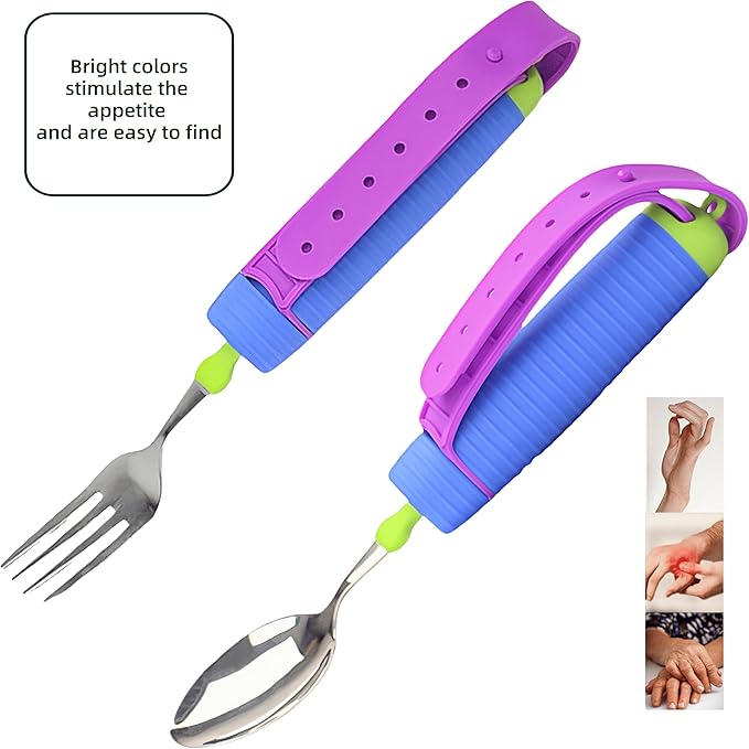 Bendable Adaptive Utensils Spoons Forks Set,Left and Right Handed, for Hand Tremors & Muscle Weakness,Arthritis,Stroke,Parkinson,360 Degree Rotation Weighted Rubber Strap,Eating & Drinking Aids