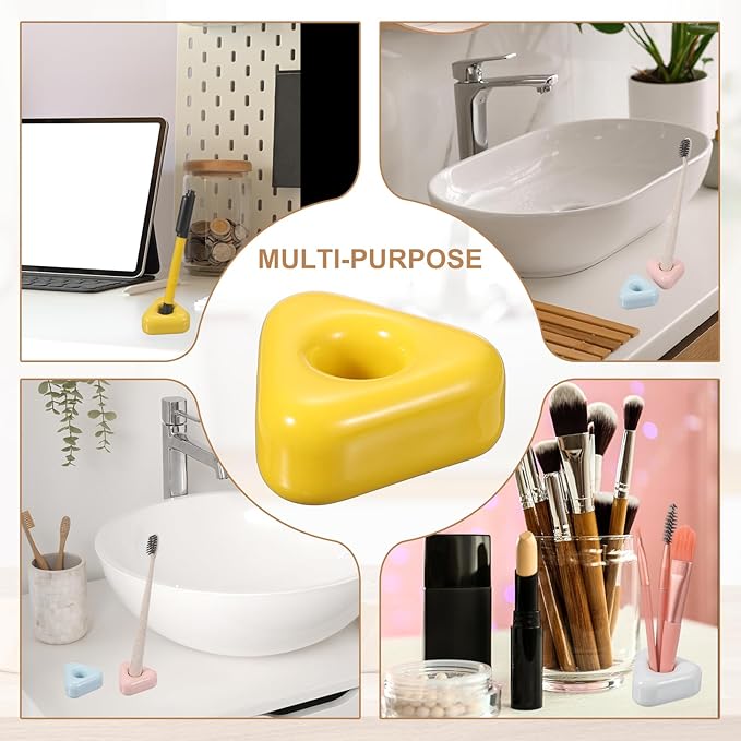 uxcell 2 Pcs Mini Ceramics Toothbrush Holder Stands, Sleek Mini Countertop Toothbrush Triangle Shape Ceramic Holder Stand for Bathroom Vanity Countertops, Yellow