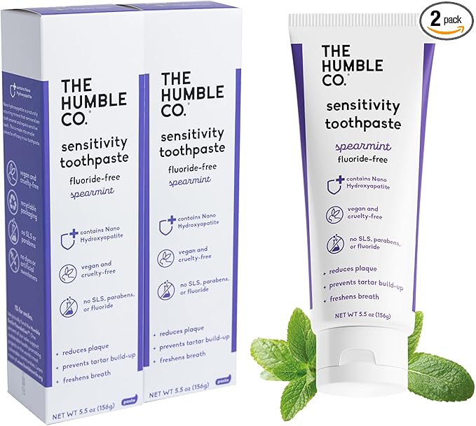 Humble Co. Sensitive Spearmint Fluoride Free Toothpaste for Fresh Breath and Plaque Removal, Vegan Cruelty Free, Non-Toxic SLS Free (5.5 oz, 2pk)