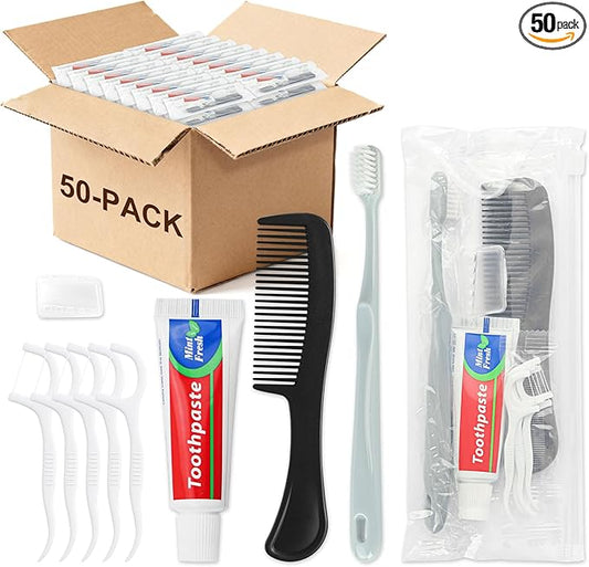 Travel Toothbrush Kit Bulk, Toothbrush Toothpaste Set, Hygiene Kit Bulk with Floss Picks, Comb, Protective Case, Individually Packaged, Suitable for Home, Travel, and Hotels (50-Pack)