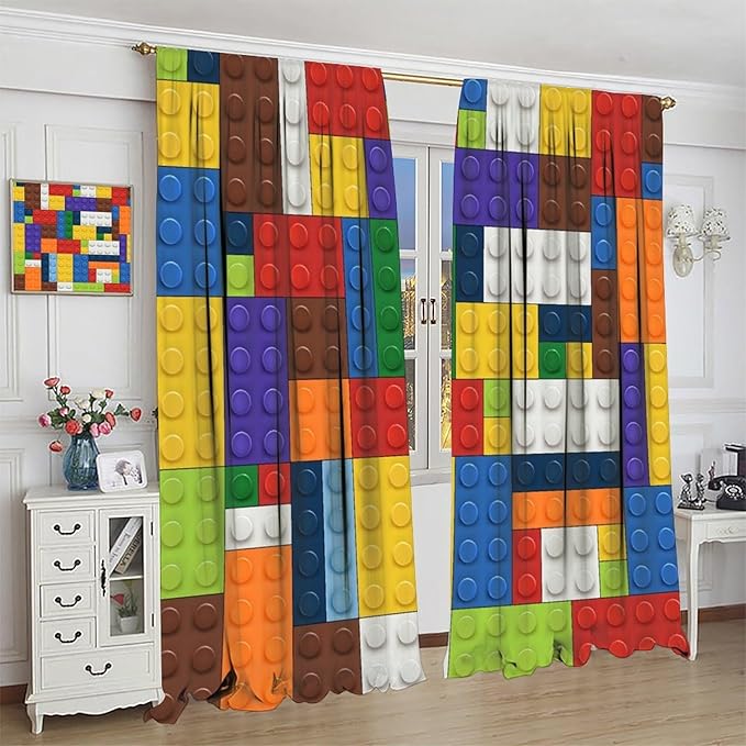 Kids Boy Curtain Blocks Toy Abstract Outline Colorful Geometric Brick Print Curtain for Boys Girls Nursery Room Curtains 42x63 Inch 2 Panels(Decor Curtains