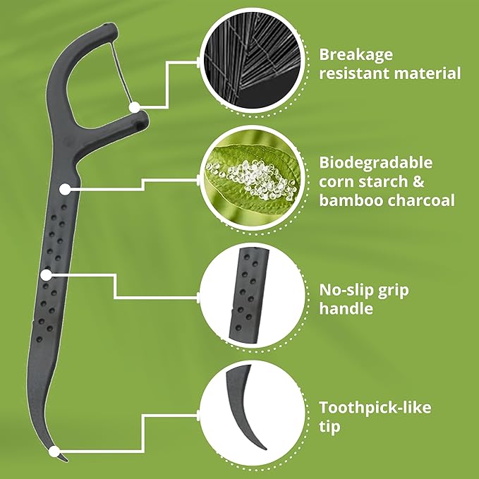 Biodegradable Floss Picks | 50 Count (1 Pack) | Mint Flavor, Candililla Wax | Sustainable & Reusable | Vegan & Cruelty-Free | Bamboo Floss Picks, Bamboo Toothpicks