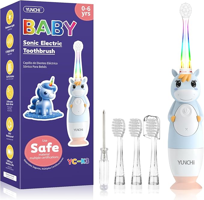 YUNCHI Toddler Electric Toothbrush Kids 0-3-6 Years, Baby Electric Toothbrush with Colorful LED Light, Battery Powered Toddler Toothbrush with 2 Minutes Timer 4 Brush Heads, Infant Toothbrush (Blue)