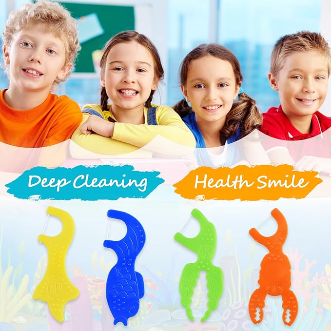 Kids Flossers, Kids Dental Floss Picks Without Fluoride, Unflavored, 4 Colors Ocean Animals Shaped Makes Flossing Fun, 50 Count (Pack of 3)