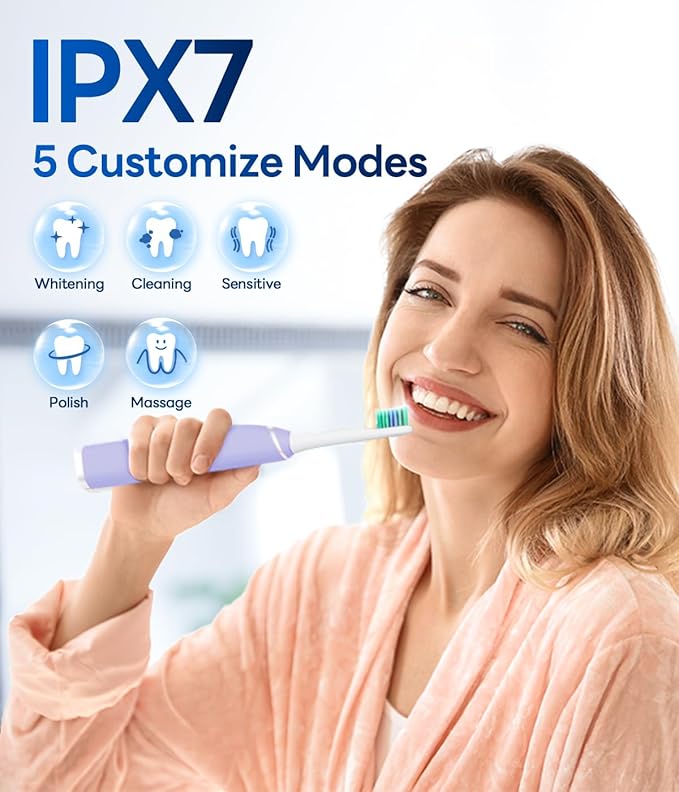 Bymore Electric Toothbrush for Adults,Travel Sonic Toothbrush with 8 Replacement Heads, Ultra Clean RechargeableToothbrush Portable One Charge for 330days 5 Modes 2mins Timer-Purple