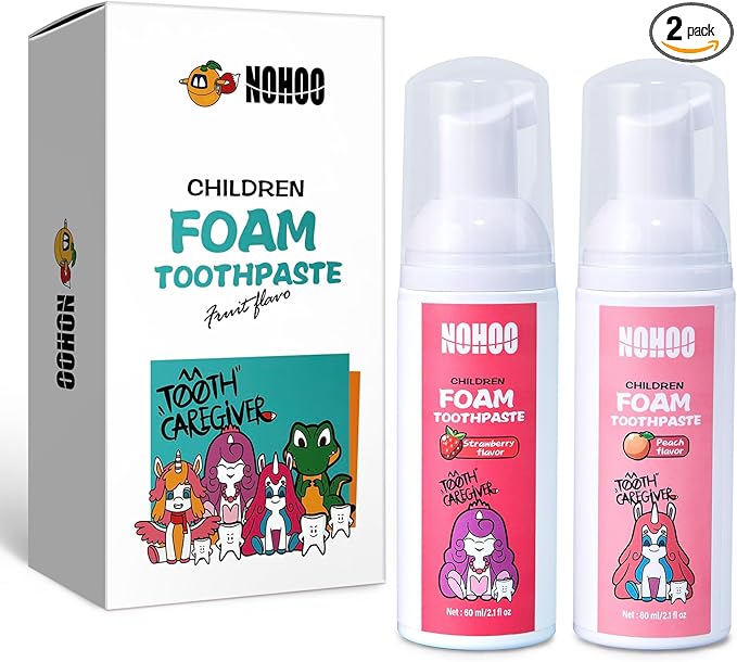 NOHOO Fluoride Free Foam Toothpaste Kids Fruit Flavour,Natural Training Toothpaste for Baby Toddler Children Oral Cleaning and Cavity Protection(Strawberry + Peach)