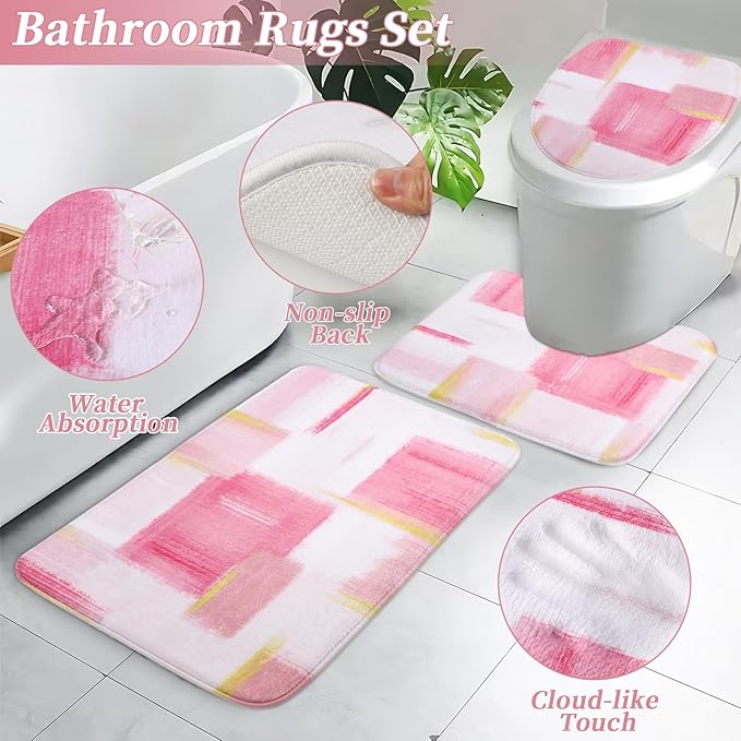 Bathroom Set - Pink and Gold Bathroom Accessories Set, Bathroom Sets with Shower Curtain and Rugs, Pink Shower Curtain Set with Bathroom Trash Can, Soap Dispenser, Soap Dish for Home Decor