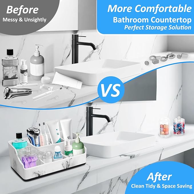 Marble Toothbrush Holder for Bathroom Organizer Countertop, Toothbrush Organizer with Qtip Holder Dispenser, White Toothbrush and Toothpaste Holder for Bathroom Counter Organization Storage Vanity