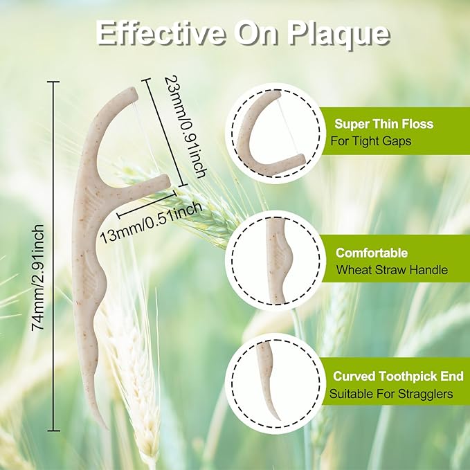 Wheat Straw Biodegradable Dental Floss Picks,200 Counts Natural Handle Tooth Flossers Sticks Oral Care,Keep Clean with 4 Travel Handy Cases