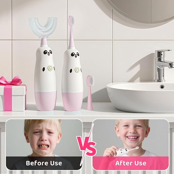 Kids U-Shaped Electric Toothbrush with 2 Brush Heads, Toddlers Sonic with 360 Degree Cleaning, Soft Bristles, Battery Included, IPX7 Waterproof, Cute cartoon for Girls and Boys, Ages 2-7 (Pink)