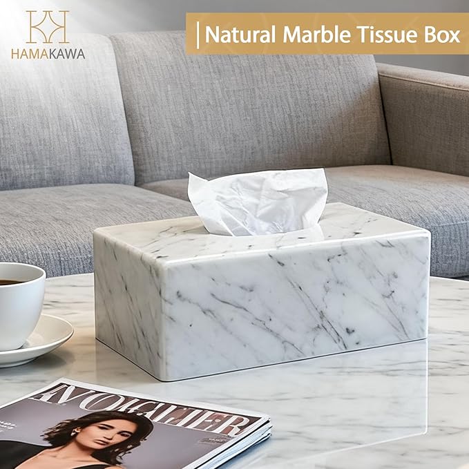 Natural Marble Tissue Box Cover, Carrara White Tissue Organizer 10 x 5.7 x 3.5 inch, Heavy Stone Decorative Box, Rectangle Tissue Box Holder for Home Decor, Kitchen, Bathroom, Bedroom