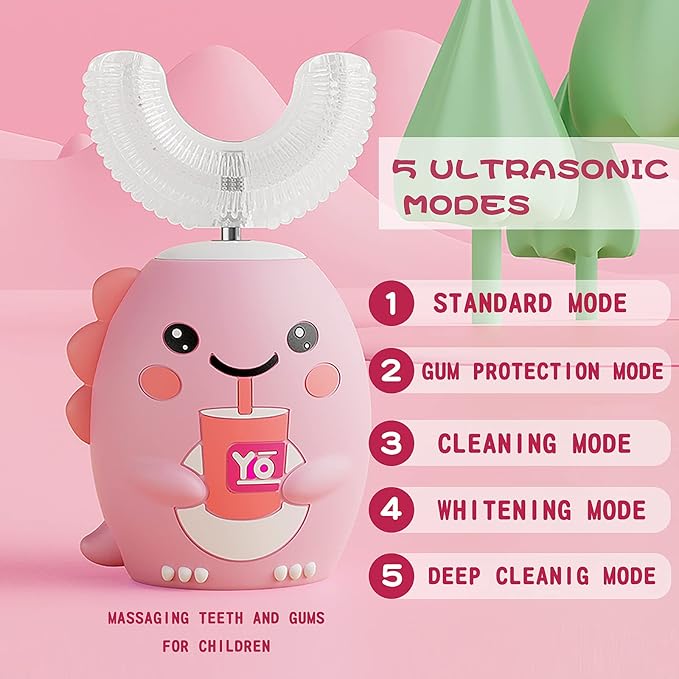 Kids U Shaped Electric Toothbrush with 4 Brush Heads, Sonic Toothbrush Kids with 5 Modes, Cartoon Dinosaur 360-Degree Cleaning IPX7 Waterproof Design (6-12 Age (Pink))