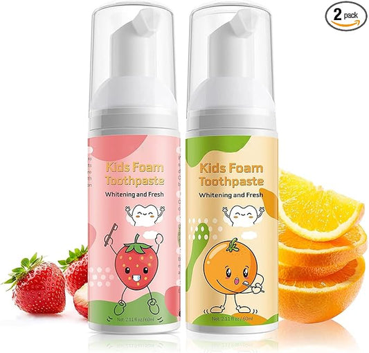 Foam Toothpaste Kids,Toddler Toothpaste with Low Fluoride & Natural Formula to Reduce Plaque, Kids Toothpaste for U Shaped Toothbrush for Children Ages 3 Plus (120 ML, Orange & Strawberry)