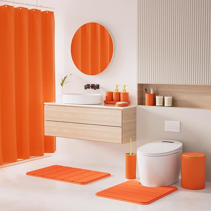 Orange Bathroom Accessories Set - Bathroom Sets, 25PC Bath Accessory Set, Bathroom Sets with Push Top Trash Can, Shower Curtain and Rugs, Toilet Brush, Trash Can & Soap Dispenser