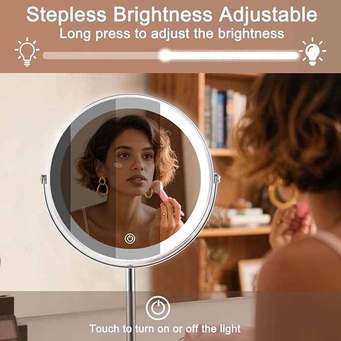 Lighted Makeup Mirror,1x/10x Magnifying Vanity Mirror with Light,3000 mAh Rechargeable 2-Sided Mirror,3 Colors Brightness Adjustable, 360 Degree Rotation, Gift for Women