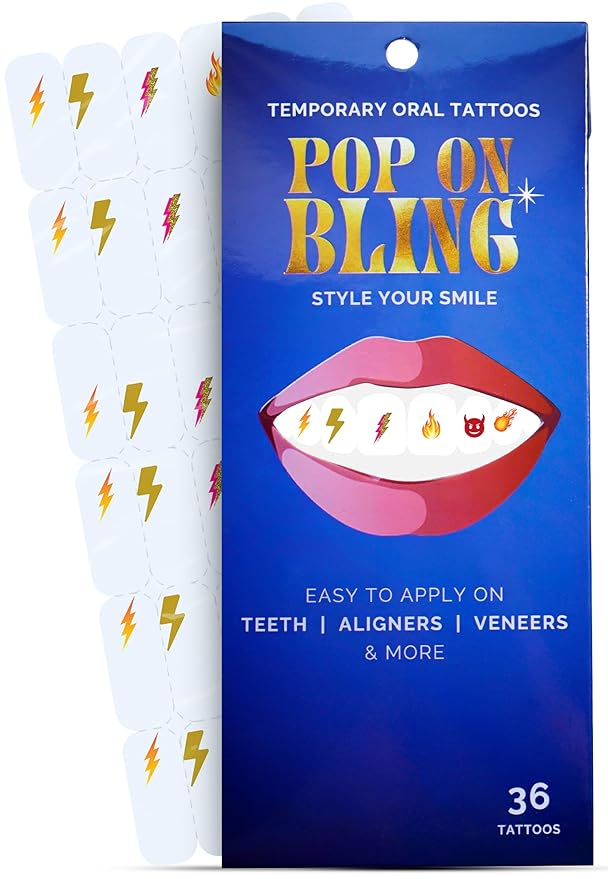 Halloween Tooth Bling Tattoo – Temporary Tooth Gem Kit for Teeth – Safe for Teens & Adults, Removable Fun Fake Tooth Tattoo Stickers for Halloween Costume, Party & Cosplay (Lightning Fire)