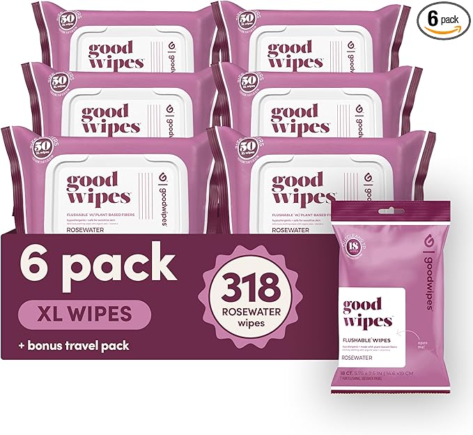 goodwipes Flushable Butt Wipes - Vitamin E & Aloe - Sewer & Septic Safe - Extra Large Adult Wet Wipes For Women & Men - Bathroom Essentials - Rosewater, 318 Count (6 Packs + 1 Travel)