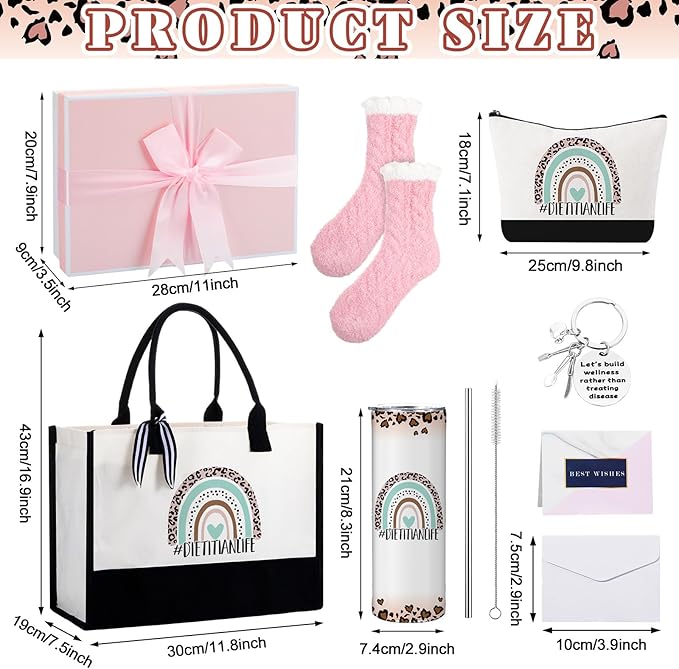 Geiserailie 8 Pcs Dietitian Gifts for Women Including Large Tote Bag Cosmetic Bags Tumbler Cup Plush Socks Metal Keychain Card and Envelope for Christmas Dietitian Nutritionist Thank You Gifts