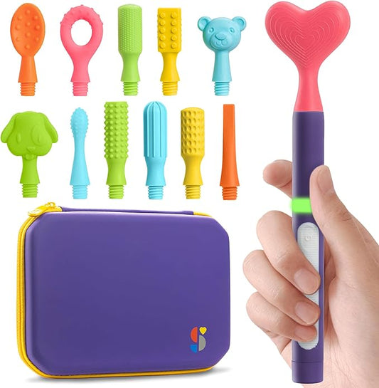 Special Supplies Buzz Buddy Oral Motor Stimulation kit with 12 Soft Textured Interchangeable Heads, Calm Sensory Needs, Support Speech, and Stimulate Self Feeding, Gentle Vibrations