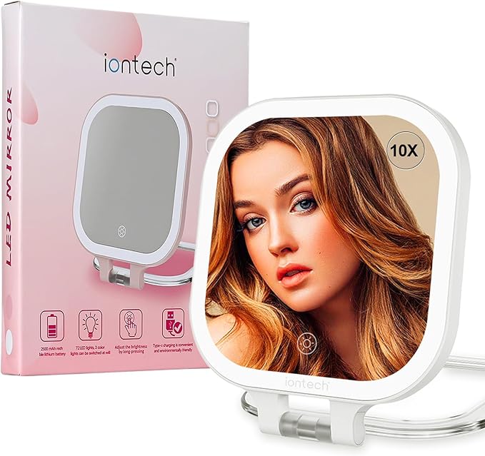 ION Vanity Mirror with Lights,1X/10X Magnifying Glass,2500mAh Battery Double Sided Vanity Mirror,7in Makeup Mirror with 3 Color Light,Brightness Adjustment Memory,Folding Stand (White)