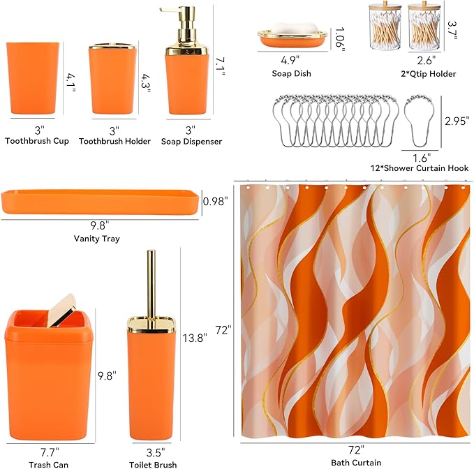 Orange Bathroom Accessories, Bathroom Sets with Stripe Shower Curtain, Orange and Gold Bathroom Accessories Set with Trash Can, Soap Dispenser, Soap Dish, Qtip Holders for Bathroom