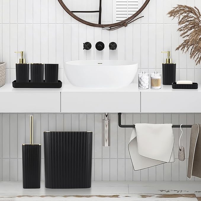 Bathroom Set with Shower Curtain and Rugs- 25PC Bathroom Accessory Set, Black Shower Curtain Set, Toilet Brush, Trash Can, Qtip Holder Dispenser & Soap Dispenser