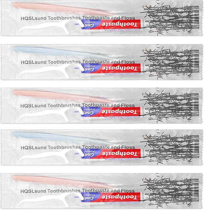 30pcs Disposable Toothbrushes with Toothpaste Floss Individually Wrapped, 2 Color Disposable Toothbrush, 10g Toothpaste, Floss Pick, Bulk Toothbrush Kit for Homeless,Airbnb,Hotel