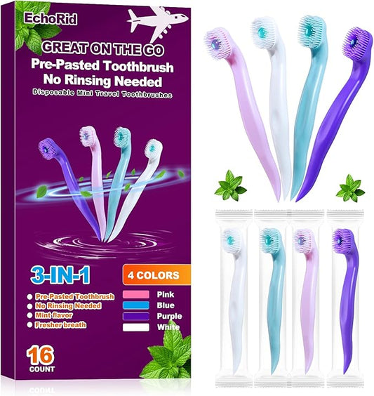 EchoRid Mini Disposable Toothbrush, Pre-Pasted Toothbrushes with Toothpaste and Toothpick for Travel - Fluoride Free, No Rinsing Needed, Mint Flavor, Fresh Breath Anywhere Anytime - 16 Ct