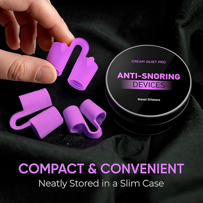 Anti Snoring Devices – Nasal Dilators - Nose Clips for Snore Relief & Better Sleep – Comfortable Silicone Snore Stopper – Anti Snoring Nose Vents – 8 Pack + Travel Case (Purple)