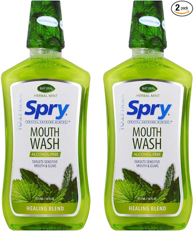 Spry Natural Xylitol Mouthwash Fluoride Free with Enamel Support, Alcohol-Free, Gentle, Non-GMO, Herbal Mint - 16 fl oz (Pack of 2)
