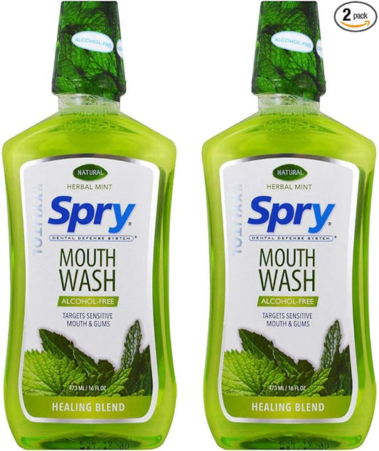 Spry Natural Xylitol Mouthwash Fluoride Free with Enamel Support, Alcohol-Free, Gentle, Non-GMO, Herbal Mint - 16 fl oz (Pack of 2)