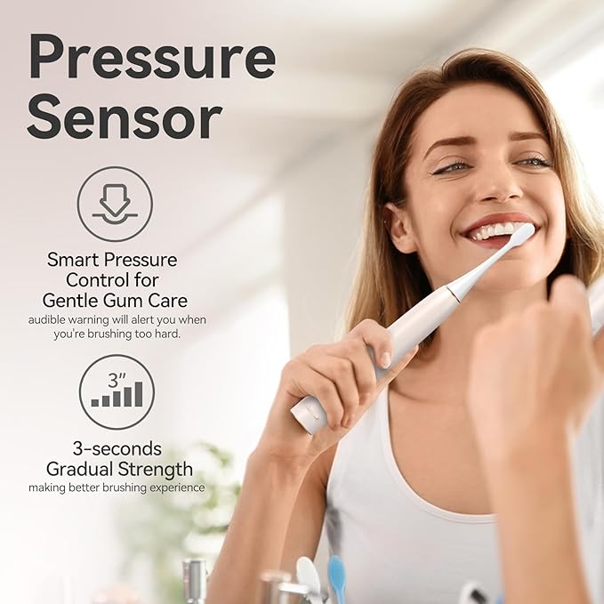 SEAGO Electric Toothbrush for Adults with Pressure Sensor, Sonic Toothbrushes Holder Wall Mounted, 60 Days Battery Life, 5 Cleaning Modes, 8 Replacement Heads, Timer & IPX7 Waterproof (Beige, Middle)