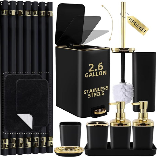 Bathroom Sets with Shower Curtain and Rugs Black Bathroom Accessories Bathroom Set,Soap Dispenser & Toilet Brush Holder Set with Stainless Steel Trash Can