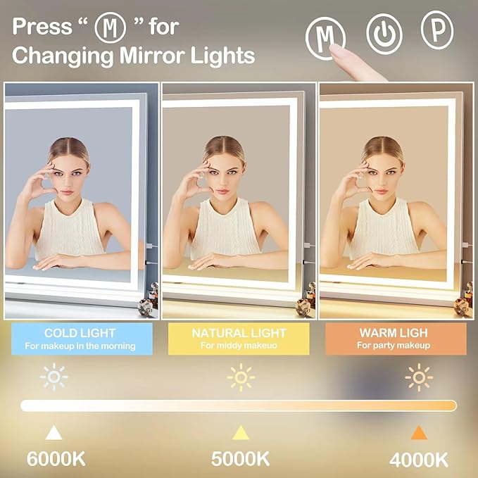 Makeup Vanity Mirror with USB Charging Port 24" x 19" Large LED Makeup Mirror, Desk Mirorr with Lights, Light up Mirror with 10X Magnification and, Dimmable 3 Modes, Touch Control White