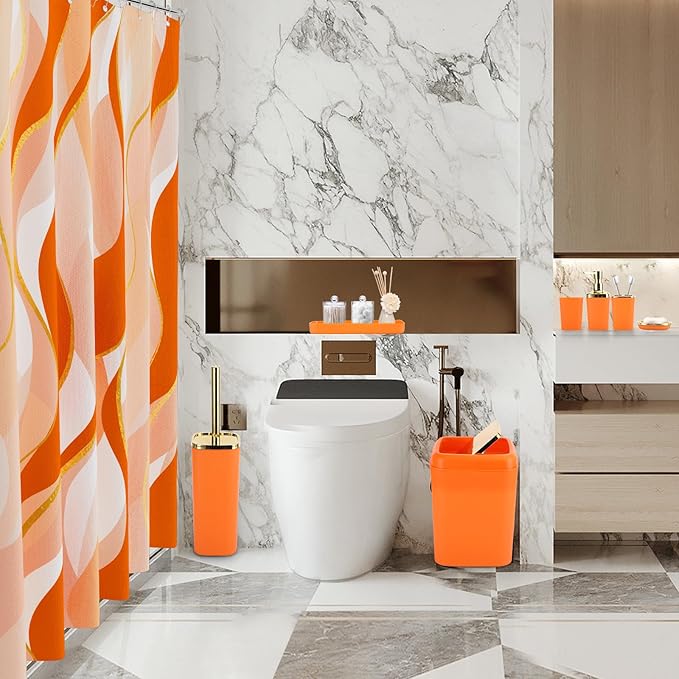 Orange Bathroom Accessories, Bathroom Sets with Stripe Shower Curtain, Orange and Gold Bathroom Accessories Set with Trash Can, Soap Dispenser, Soap Dish, Qtip Holders for Bathroom