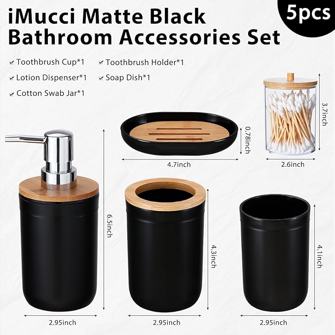 iMucci Bathroom Accessories Set 5Piece Black Bathroom Sets, Toothbrush Holder, Toothbrush Cup, Lotion Soap Dispenser, Soap Dish and Qtip Holder Bathroom Decor