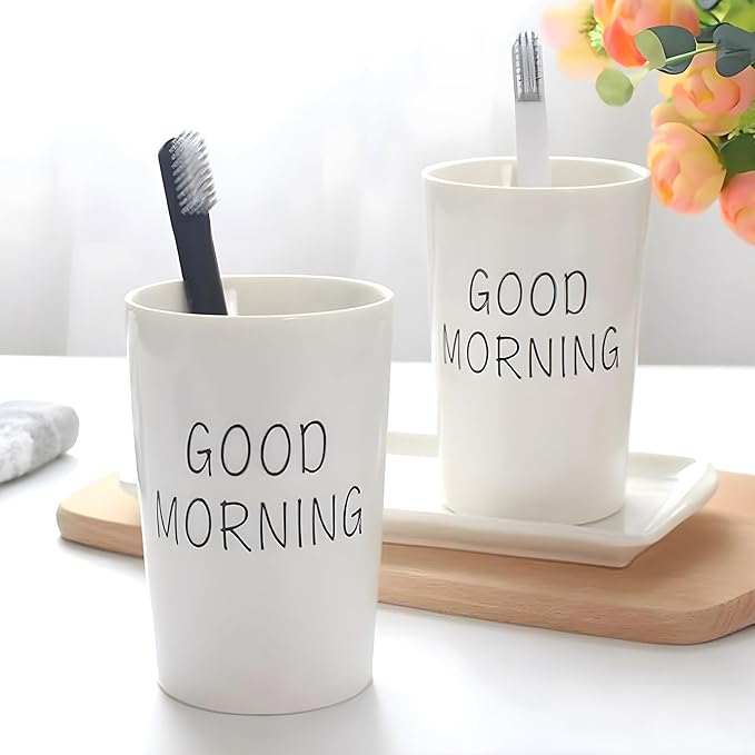 Kelake White Ceramic Tumbler Cup for Bathroom Toothpaste Toothbrush Holders Water Milk Drinks Cup 350 ml Bathroom Good Morning Couples Cup for Christmas Birthday