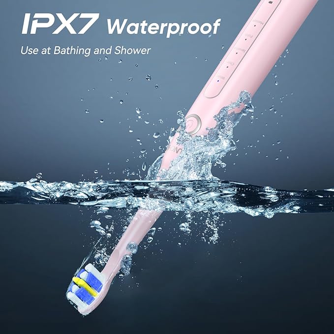YUNCHI Electric Toothbrush Pink, Battery Toothbrush for Adults, Rechargeable Toothbrushs-8 Brush Heads, 5 Modes & 2 Min Smart Timer, IPX7 Waterproof,30 Days Battery Long,Travel Case