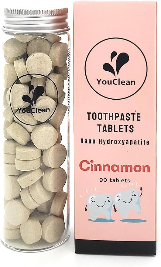 90 Toothpaste Tablets in Refill/Recycle Glass Tube - for Travel and Daily Home Office Use - Nano Hydroxyapatite, Fluoride-Free, Vegan (Cinnamon)