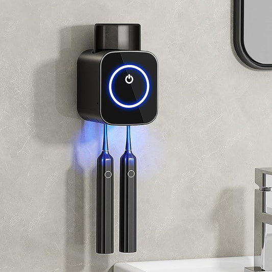 Wall Mounted Toothbrush Holder, 1 Cup Toothbrush Holders with Smart Drying and Cleaning, Toothbrush Cleaning Case with Solar Charging, Toothbrush Organizer with 2 Brush Slots (Black - 1 Cup)