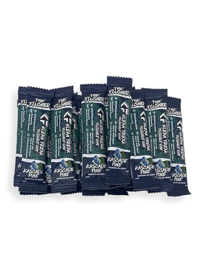 THE KLEAN FREAK FLUSHER - Flushable Wipes For Adults & Kids - 100% BIODEGRADABLE Individual Wrapped Travel WET Wipe for Toilet - Soothing Aloe & Witch Hazel - Alcohol Free 20 Pack - Kascade Pine