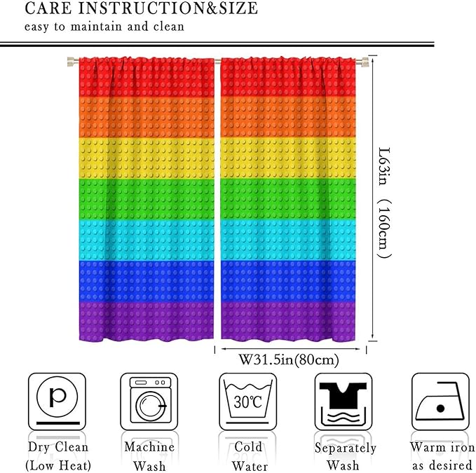 Colorful Building Block Toy Curtain Rod Pocket Children's Nursery Rainbow Contour Plastic Toy Brick Geometric Print Pattern Curtain Boys Girls Bedroom Playroom 2 Panels 63x63in