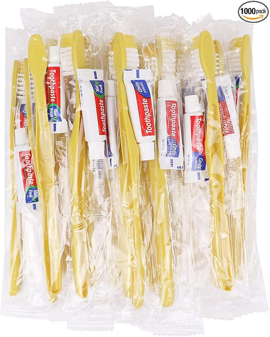 Disposable Toothbrushes with Toothpaste,1000 Pack Yellow Hollow Individually Wrapped Disposable Travel Toothbrushes Kit in Bulk for Homeless,Nursing Home,Hotel,Charity