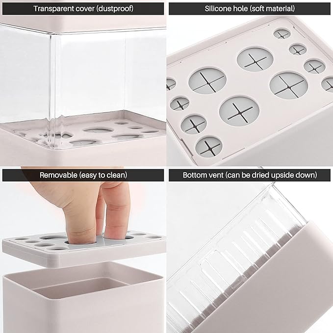 Acrylic Makeup Brush Air Drying Rack Holder - Cosmetic Brush Organizer with Lid, Waterproof Dustproof Container, 12 Holes for Different Brushes