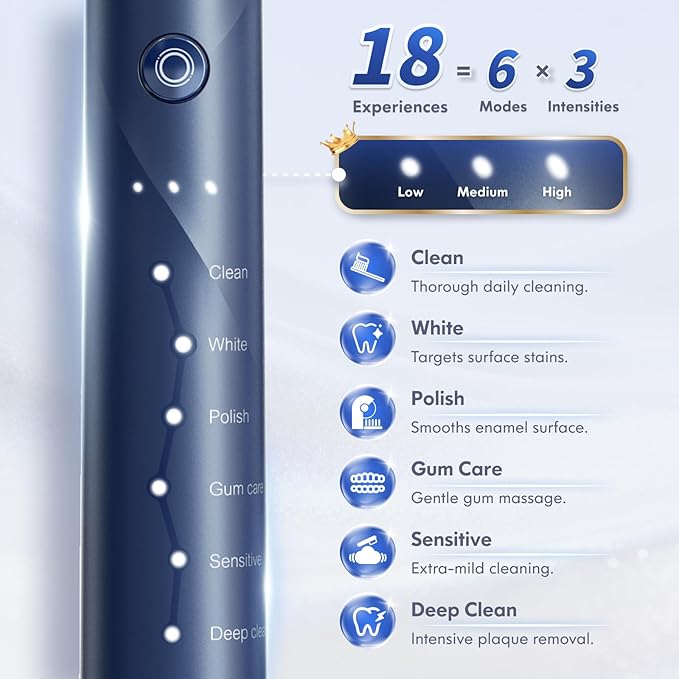 Electric Toothbrush for Adults Kids Electric Toothbrush Rechargeable Sonic Toothbrush Ultrasonic Toothbrush with Travel Case, Holder & 7 Brush Heads, 6 Modes & 3 Intensities, 2-Minute Timer (Blue)