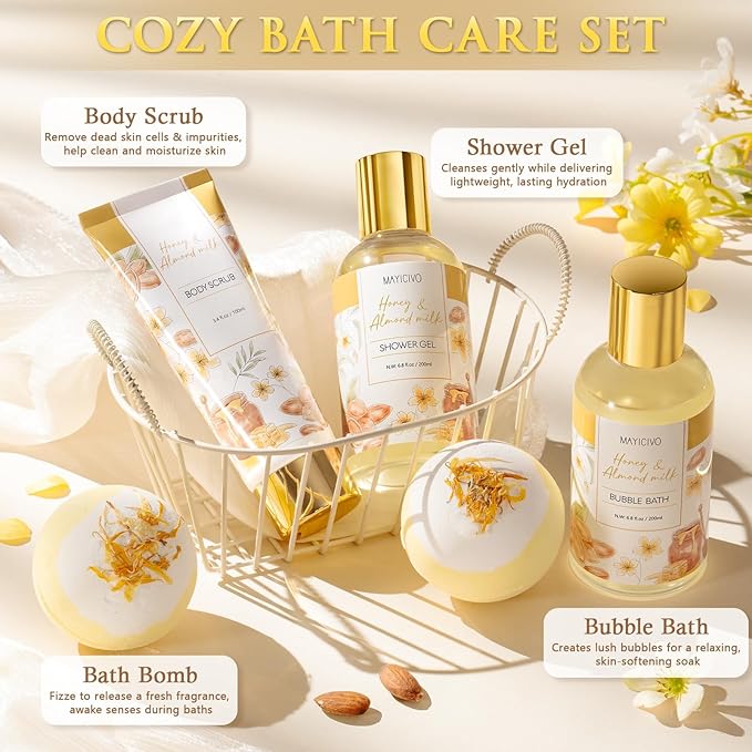 Birthday Gifts for Women, Honey & Almond Milk Relaxing Spa Gift Baskets for Women Self Care Package Bath Gift Set, Home Bath and Body Kit Pamper Valentines Day Gifts for Her Womens Mom Friends Sister