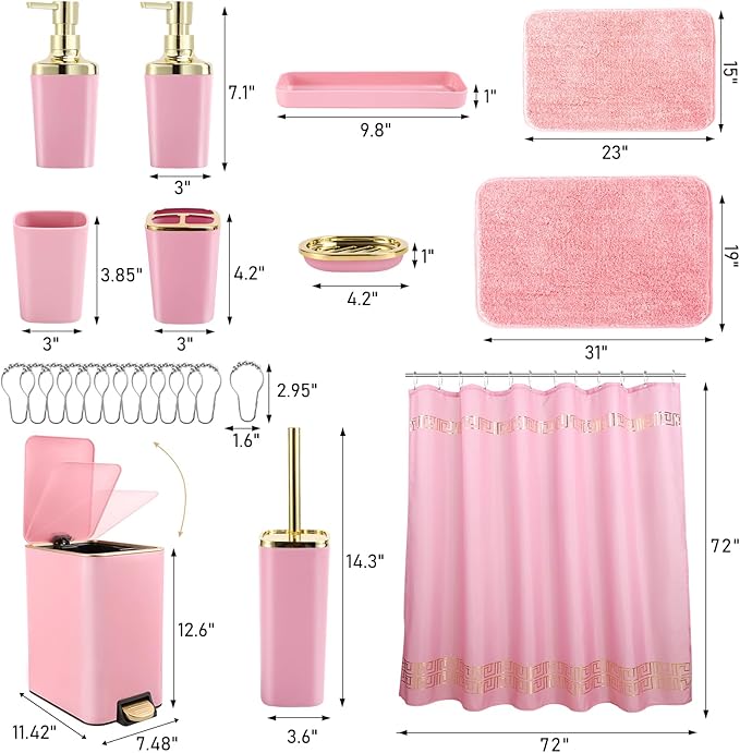 Bathroom Sets with Shower Curtain and Rugs Bathroom Accessories Set Pink Bathroom Set,Shower Curtain Set with Stainless Steel Trash Can